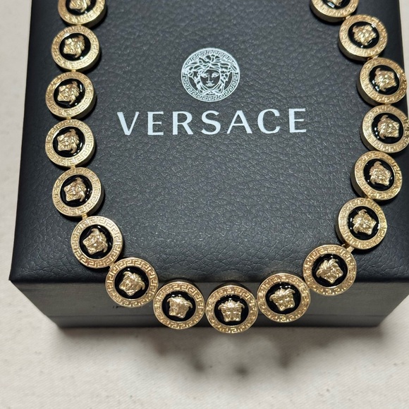 Versace Jewelry - Versace Gold Medusa Charm Chain Necklace with Black Logo Backdrop